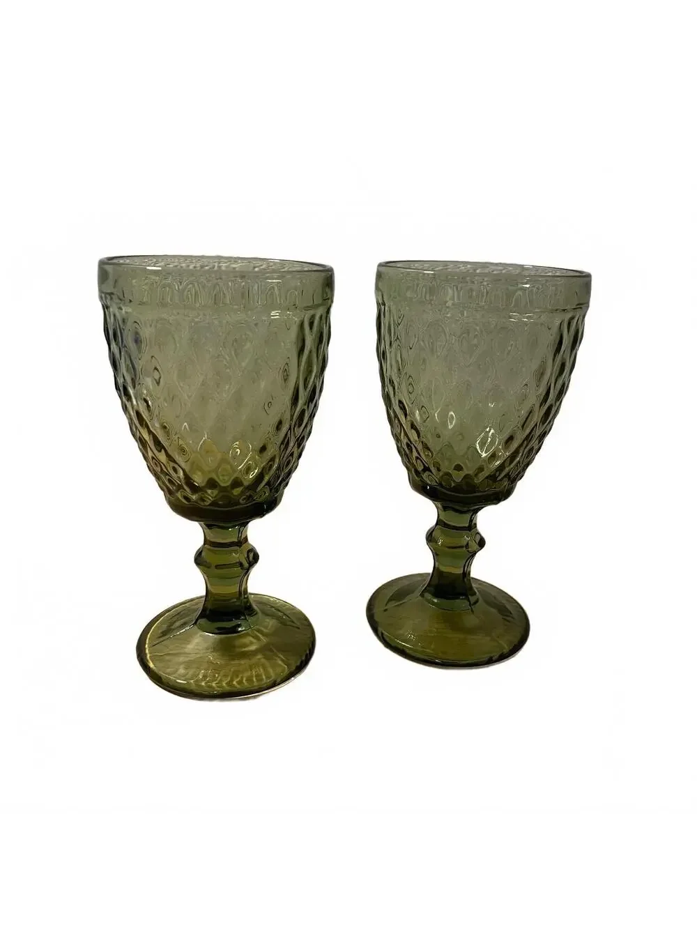 Vintage Olive Green Pressed Glass Goblets (Set of 2)